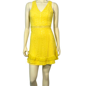 Lulus Sz S Love You Always Sleeveless VNeck Skater Dress Yellow Lace with Ruffle